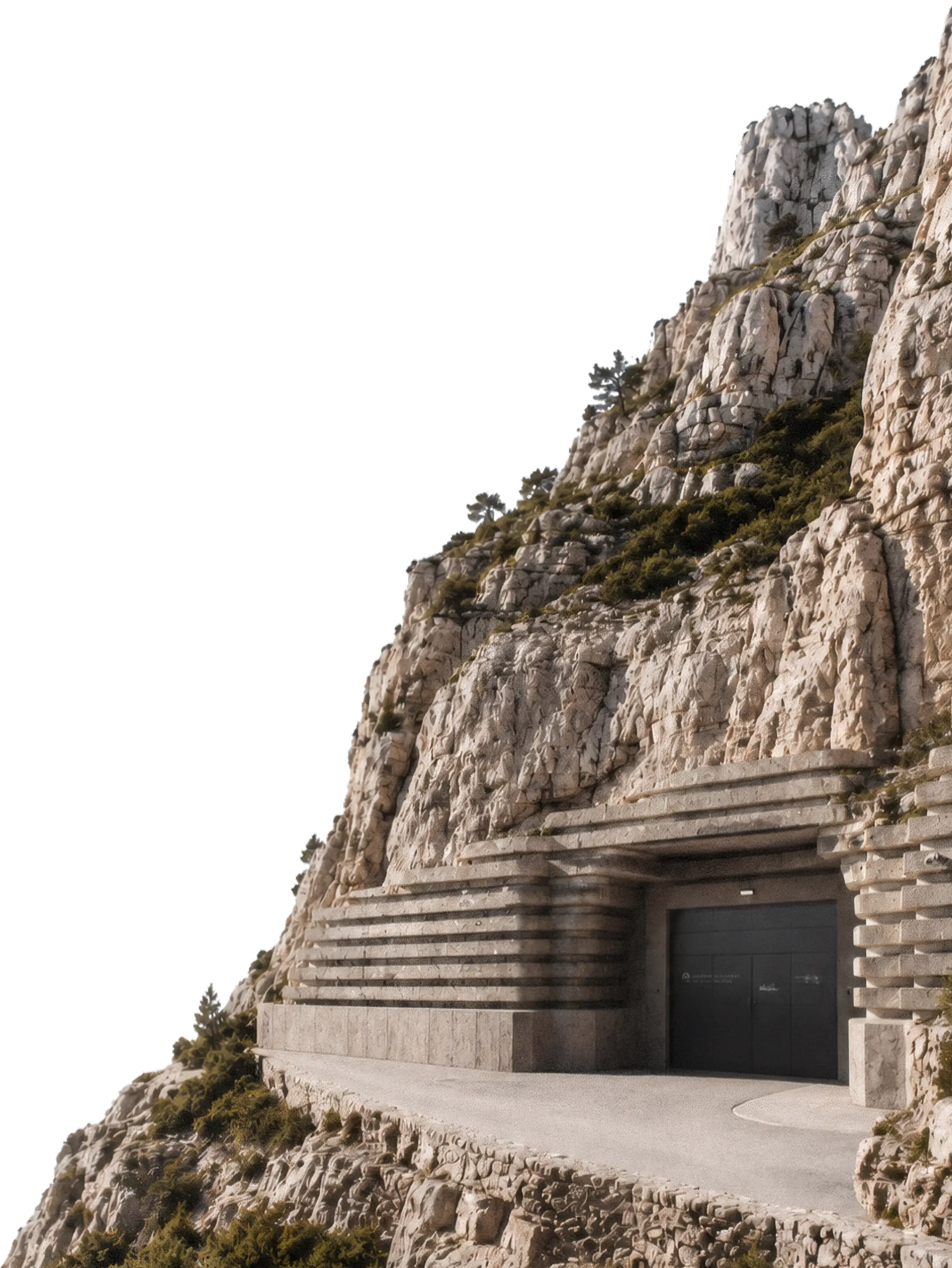 Camouflaged mountain bunker entrance built into rock